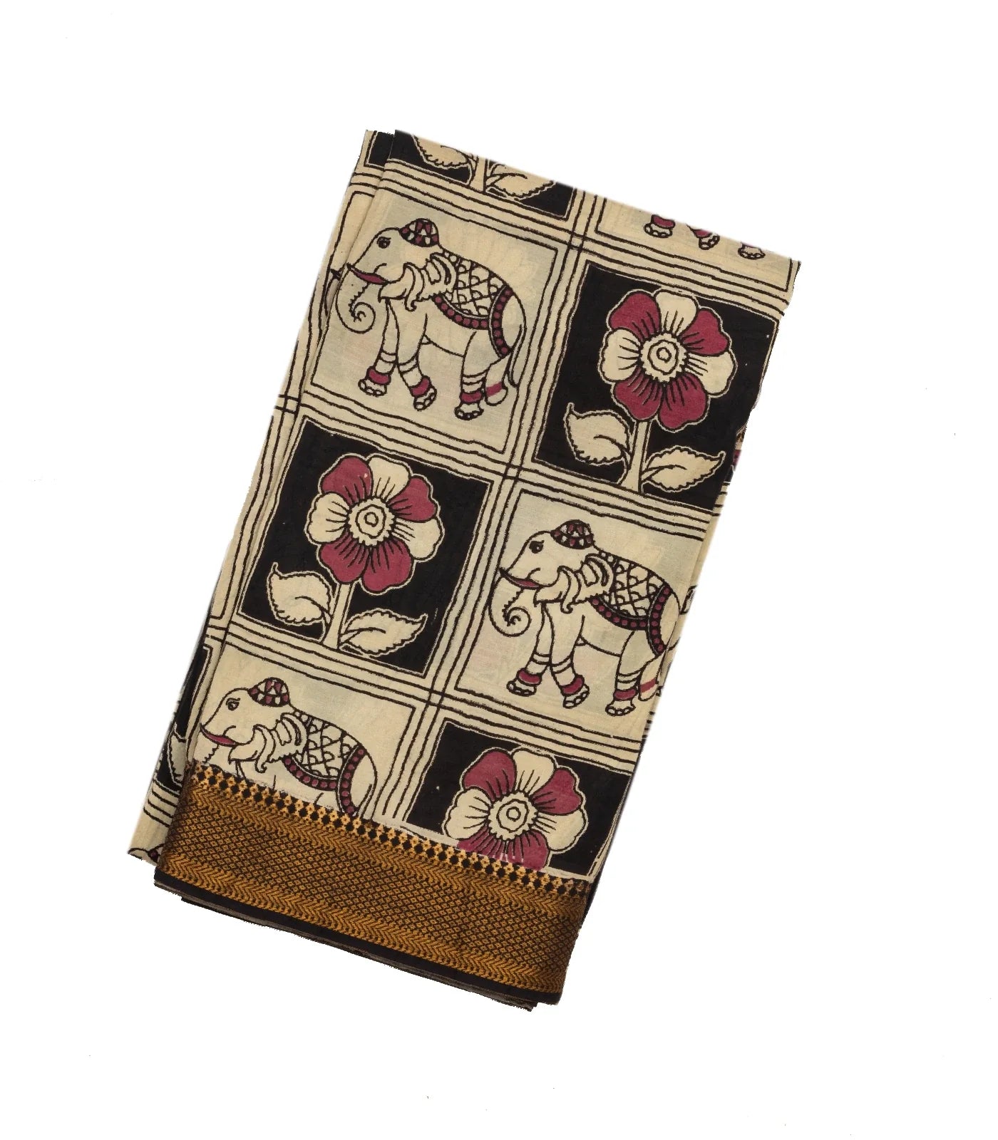 Taupe Handloom Kalamkari Cotton Saree With Printed Elephant Motifs