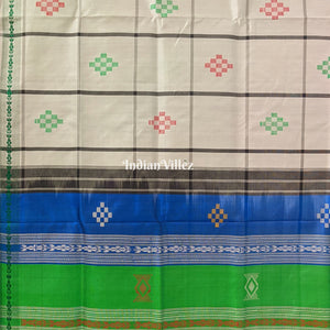 White Grey Double Pallu Pasapali Theme Berhampuri Silk Saree
