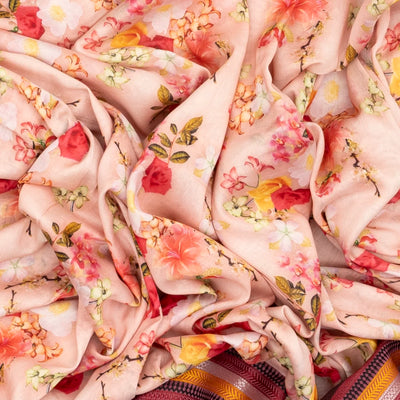 Baby Pink Handloom Chanderi Cotton Saree With Printed Floral Motifs