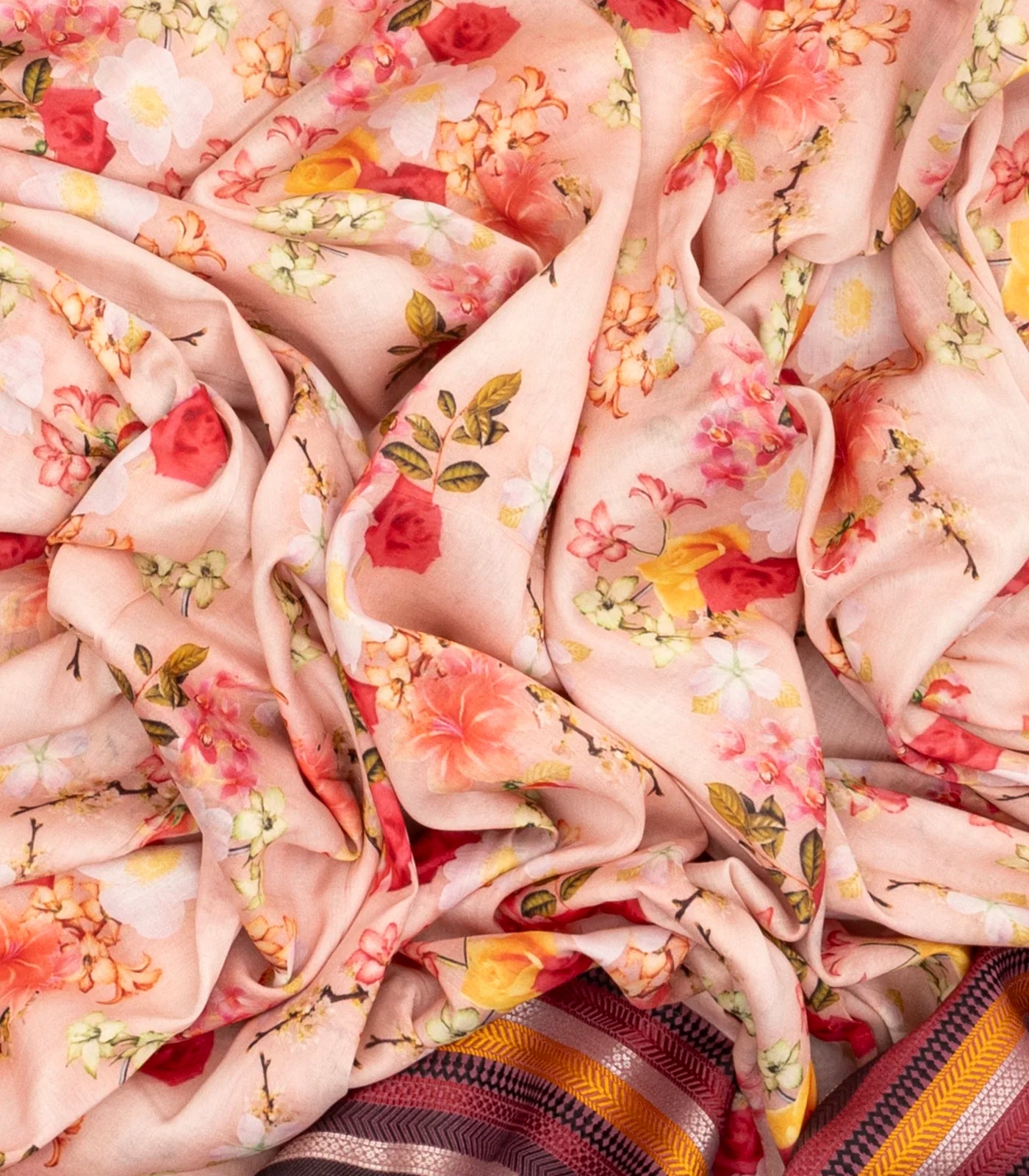 Baby Pink Handloom Chanderi Cotton Saree With Printed Floral Motifs