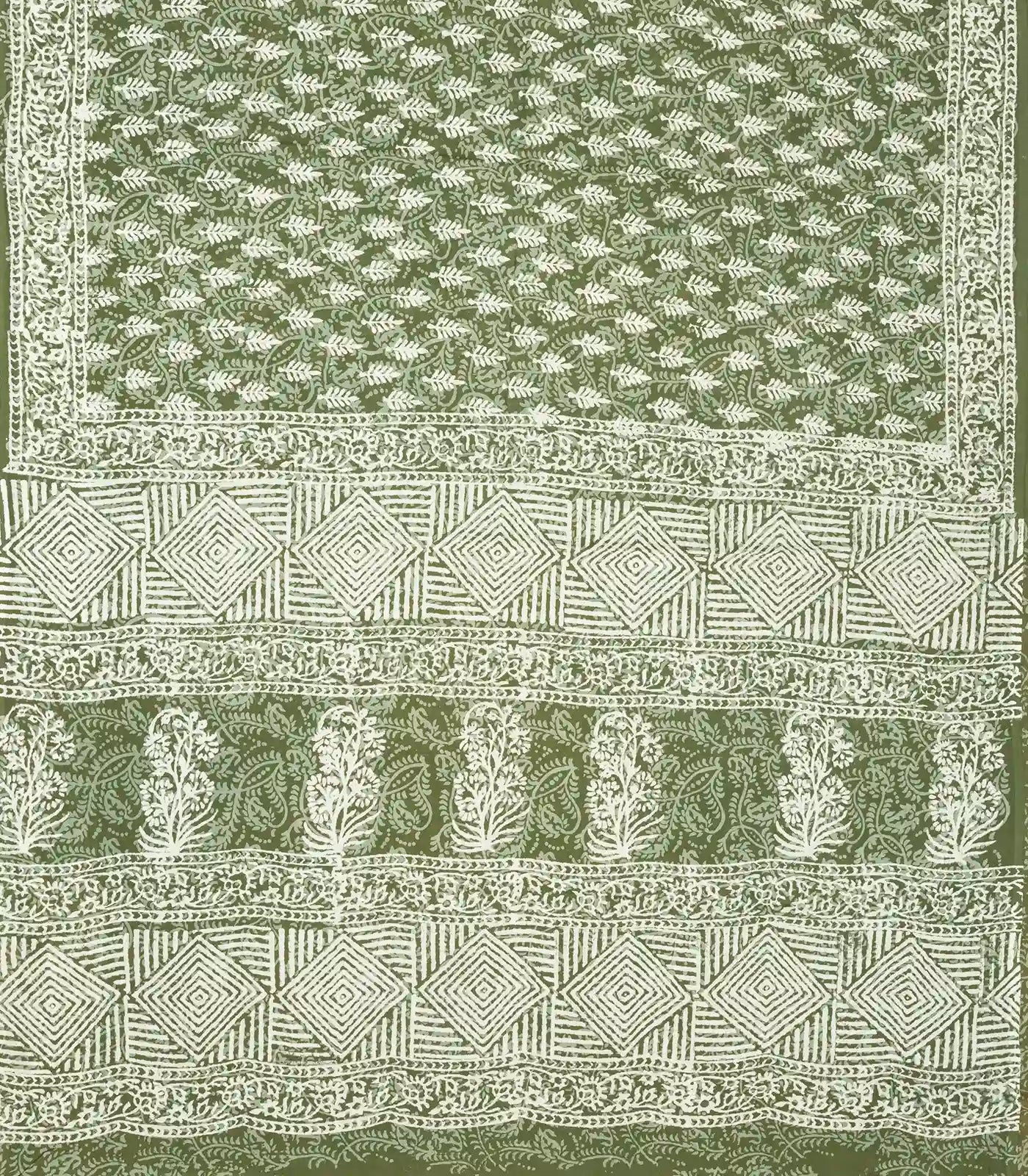 Sage Green Woven Jaipur Cotton Saree Printed With Cream Floral Motifs