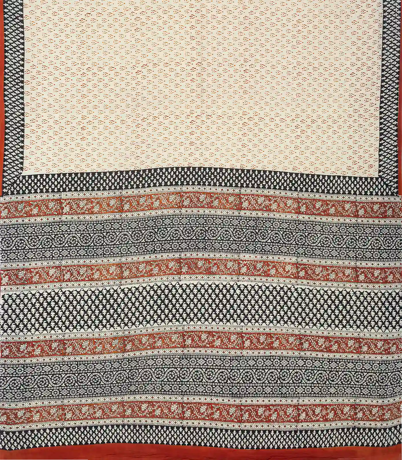 White Woven Jaipur Cotton Saree Printed With Rust Floral Motifs