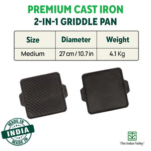 CASTrong Cast Iron 2-in-1 Griddle (Grill Pan + Tawa), Pre-seasoned, 100% Pure, Toxin-free,  Induction, Square,  27.2cm, 4.1 Kg