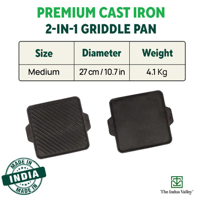 CASTrong Cast Iron 2-in-1 Griddle (Grill Pan + Tawa), Pre-seasoned, 100% Pure, Toxin-free,  Induction, Square,  27.2cm, 4.1 Kg