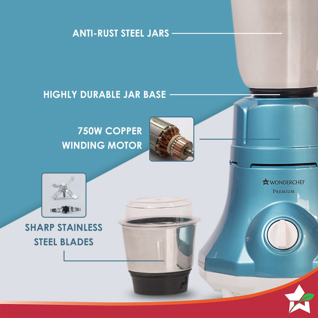 Wonderchef Renewed Premium Mixer Grinder | 750W | 3 Thick Steel Jars | Die-cast Jar Base | Blue