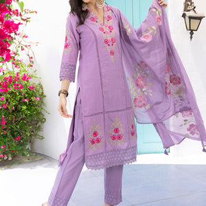 Purple Floral Embroidered Schiffli Pure Cotton Kurta With Trousers & Dupatta