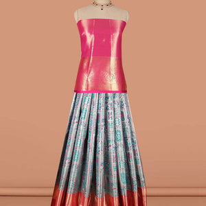 Blue geometric,floral design art-silk half saree, contrast traditional zari border,zari design blouse & intricate dhavani