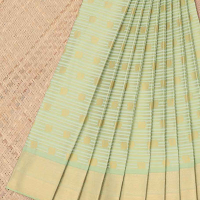 Green striped with floral motifs budget silk saree with contrast zari border & traditional zari design pallu