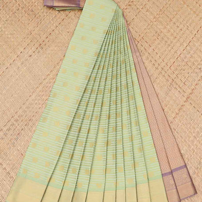 Green striped with floral motifs budget silk saree with contrast zari border & traditional zari design pallu