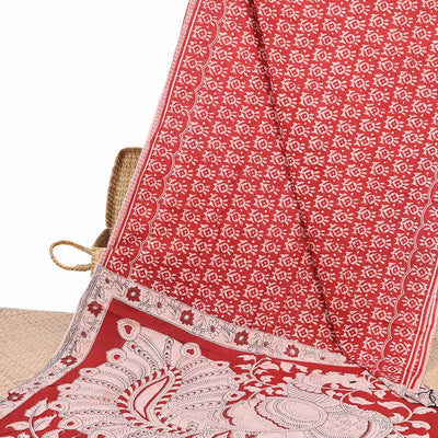 Red batik machine-printed kalamkari cotton saree, self-border & pallu of peacock motifs