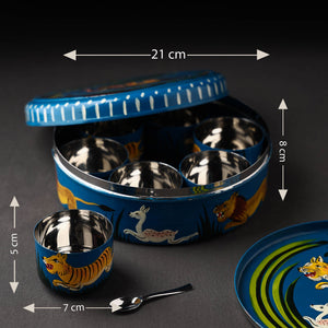Blue - Banaras Handpainted Stainless Steel Masala Box (7 x 7 in)