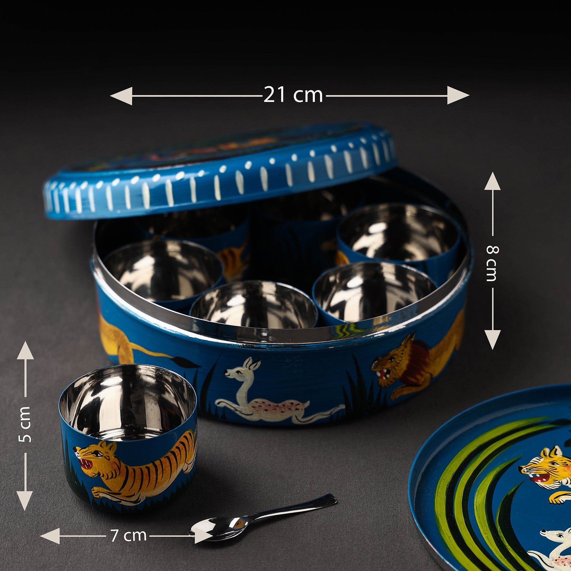 Blue - Banaras Handpainted Stainless Steel Masala Box (7 x 7 in)