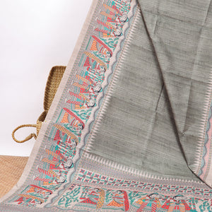 Grey semi-banaras tussar saree with contrast wedding design border & floral , wedding design pallu