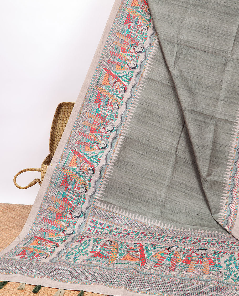 Grey semi-banaras tussar saree with contrast wedding design border & floral , wedding design pallu