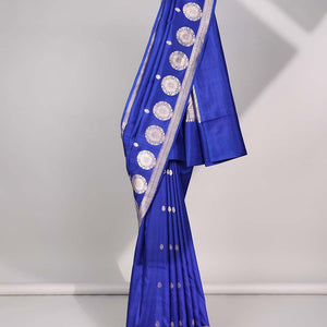 Blue floral buttas raw mango silk saree with self round buttas border & striped zari design pallu