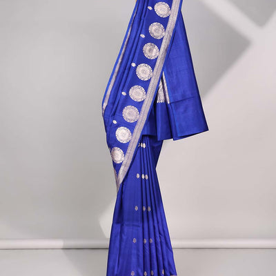 Blue floral buttas raw mango silk saree with self round buttas border & striped zari design pallu