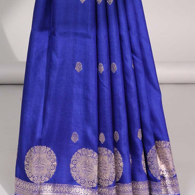 Blue floral buttas raw mango silk saree with self round buttas border & striped zari design pallu