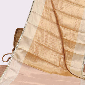 Orange  floral vine printed semi-banaras tissue silk saree with zari border & argyle design pallu