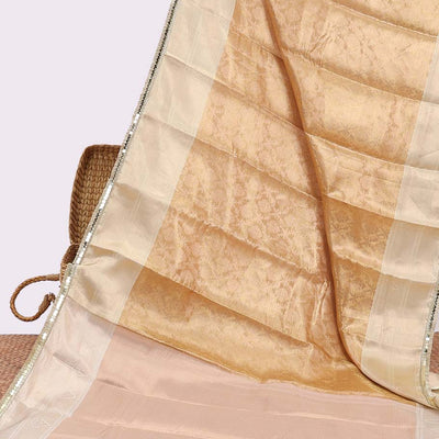 Orange  floral vine printed semi-banaras tissue silk saree with zari border & argyle design pallu