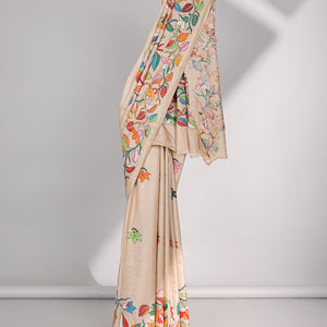 Sandal kaleidoscopic colored floral design thread Kantha embroidered tussar saree, the pallu of beach-theme embroidery