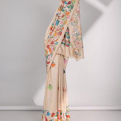 Sandal kaleidoscopic colored floral design thread Kantha embroidered tussar saree, the pallu of beach-theme embroidery