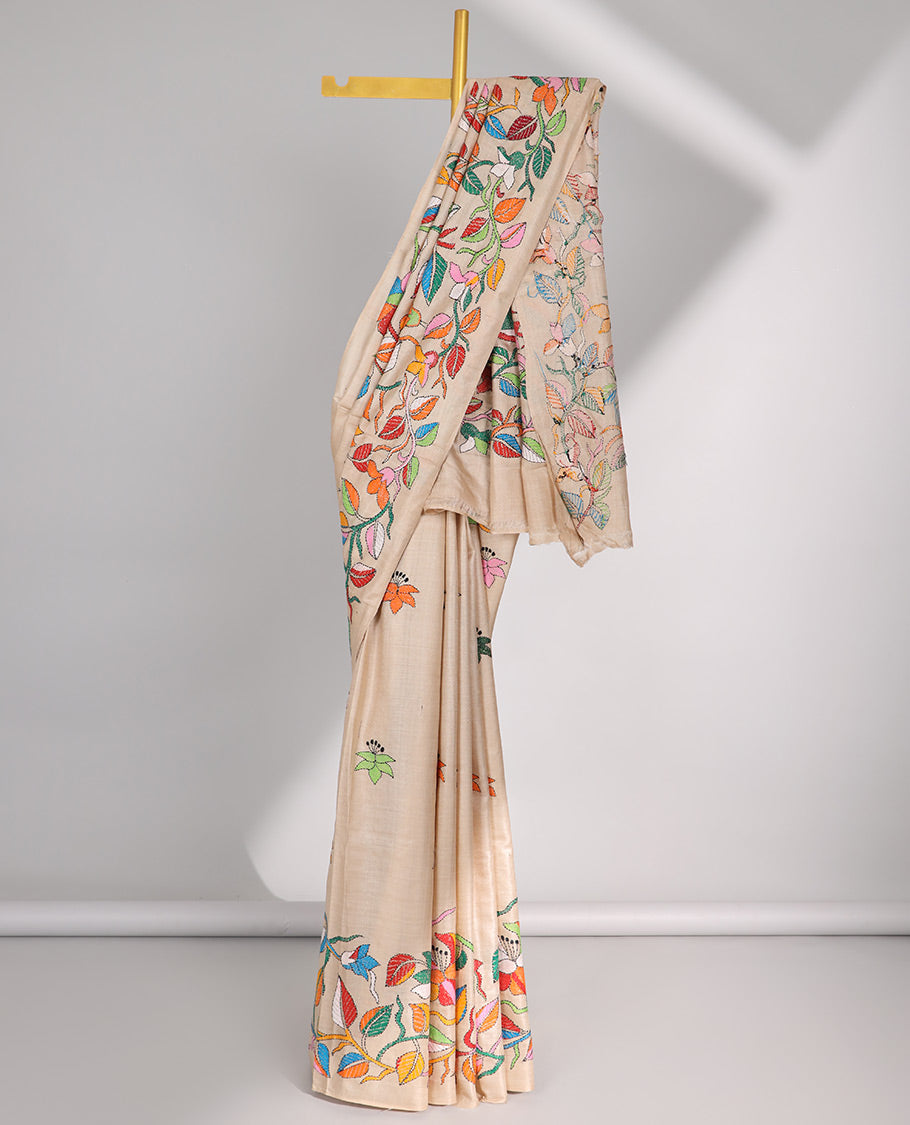 Sandal kaleidoscopic colored floral design thread Kantha embroidered tussar saree, the pallu of beach-theme embroidery