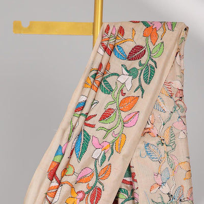 Sandal kaleidoscopic colored floral design thread Kantha embroidered tussar saree, the pallu of beach-theme embroidery