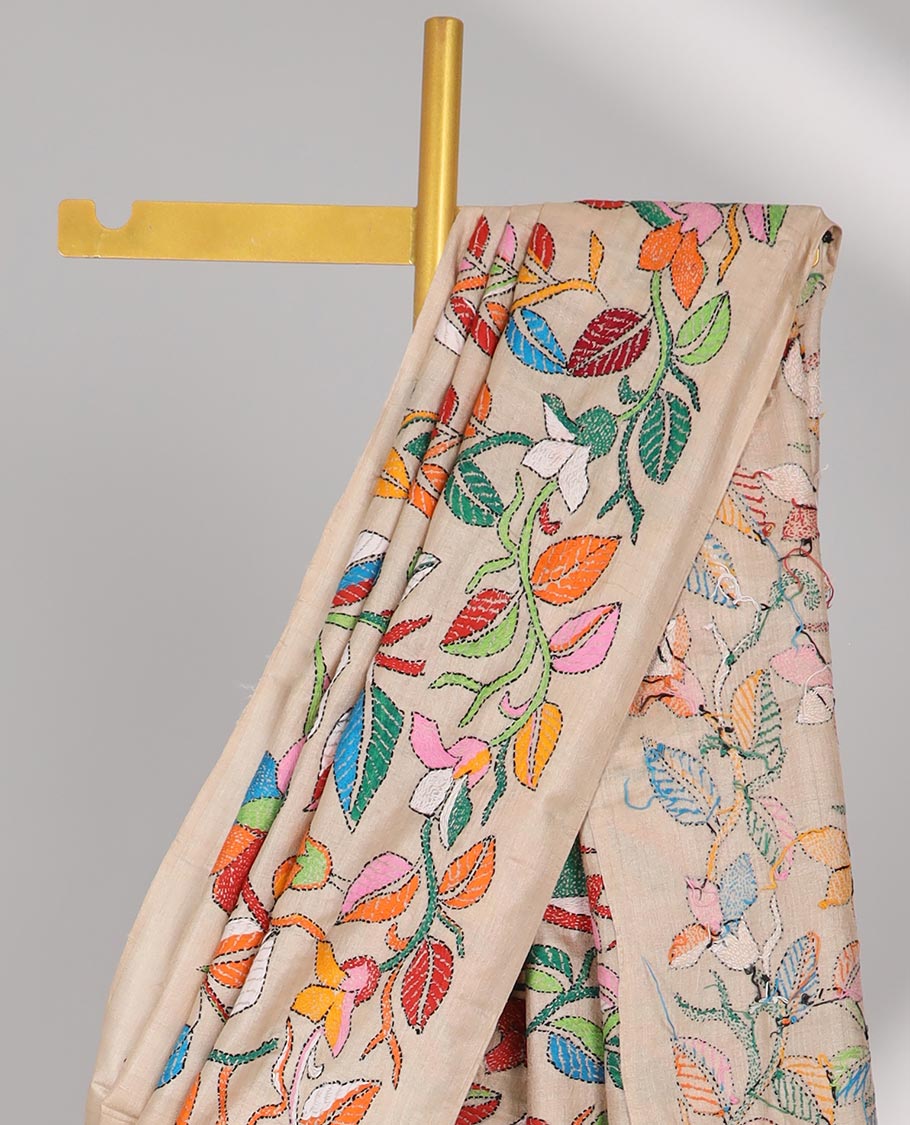 Sandal kaleidoscopic colored floral design thread Kantha embroidered tussar saree, the pallu of beach-theme embroidery