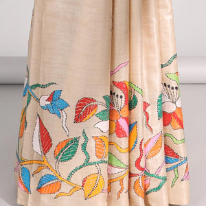 Sandal kaleidoscopic colored floral design thread Kantha embroidered tussar saree, the pallu of beach-theme embroidery