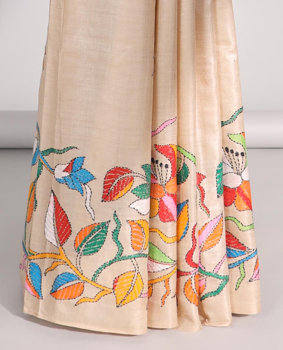 Sandal kaleidoscopic colored floral design thread Kantha embroidered tussar saree, the pallu of beach-theme embroidery
