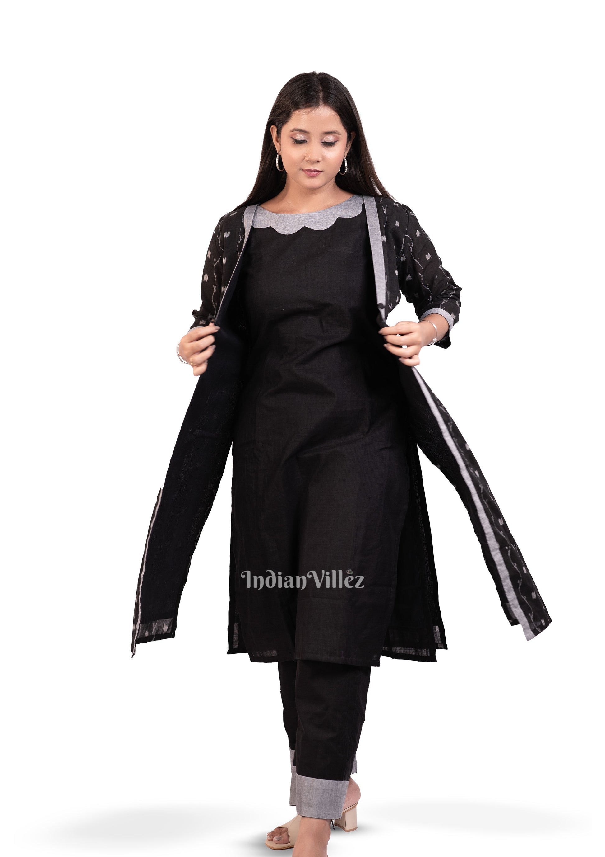 Deep Black Sambalpuri Odisha Ikat Designer Cotton Kurti Set for Women