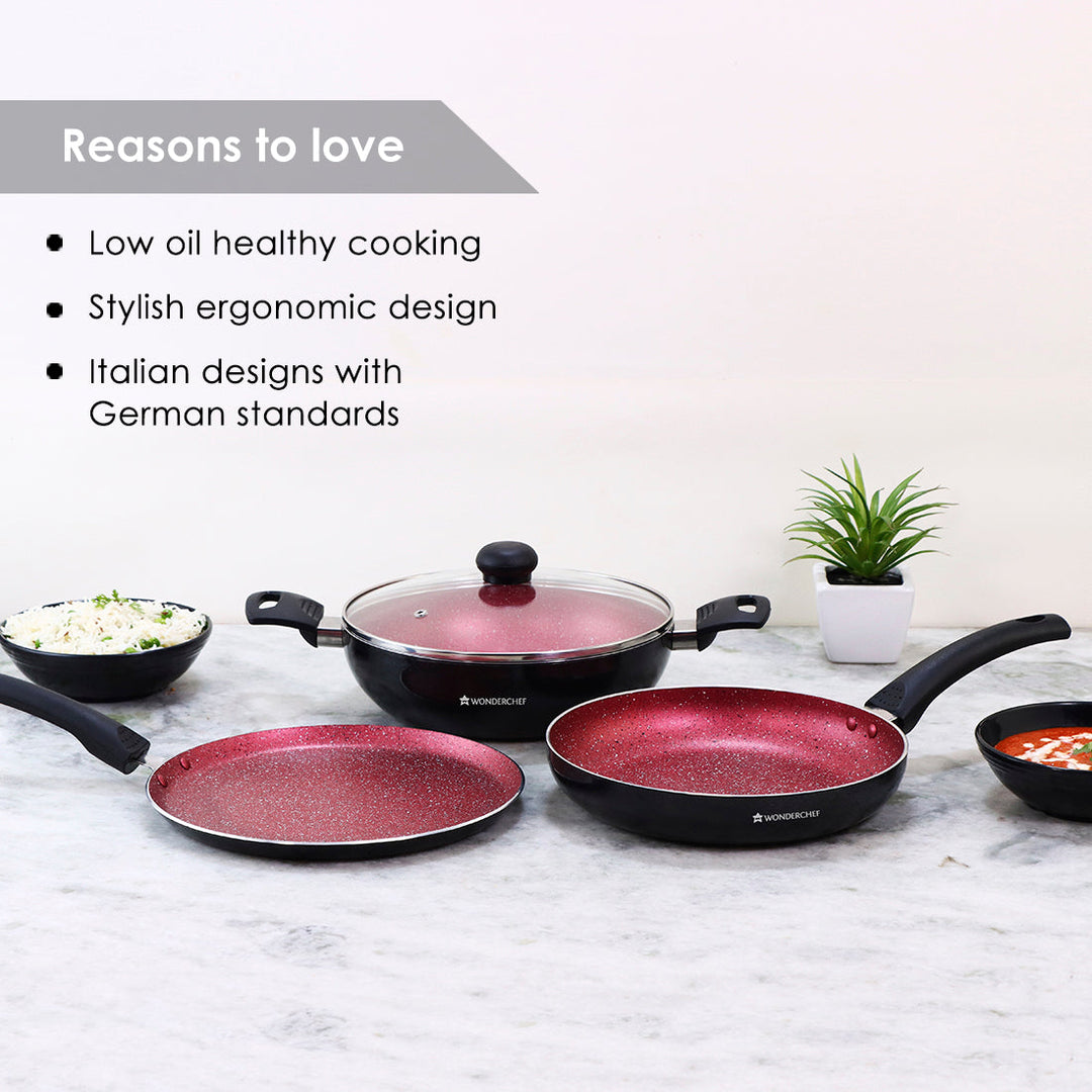 Sigma Non-stick Cookware Set, 4Pc (Kadhai with Lid, Dosa Tawa, Fry Pan),