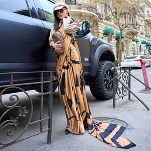 Chikoo Printed Satin Saree