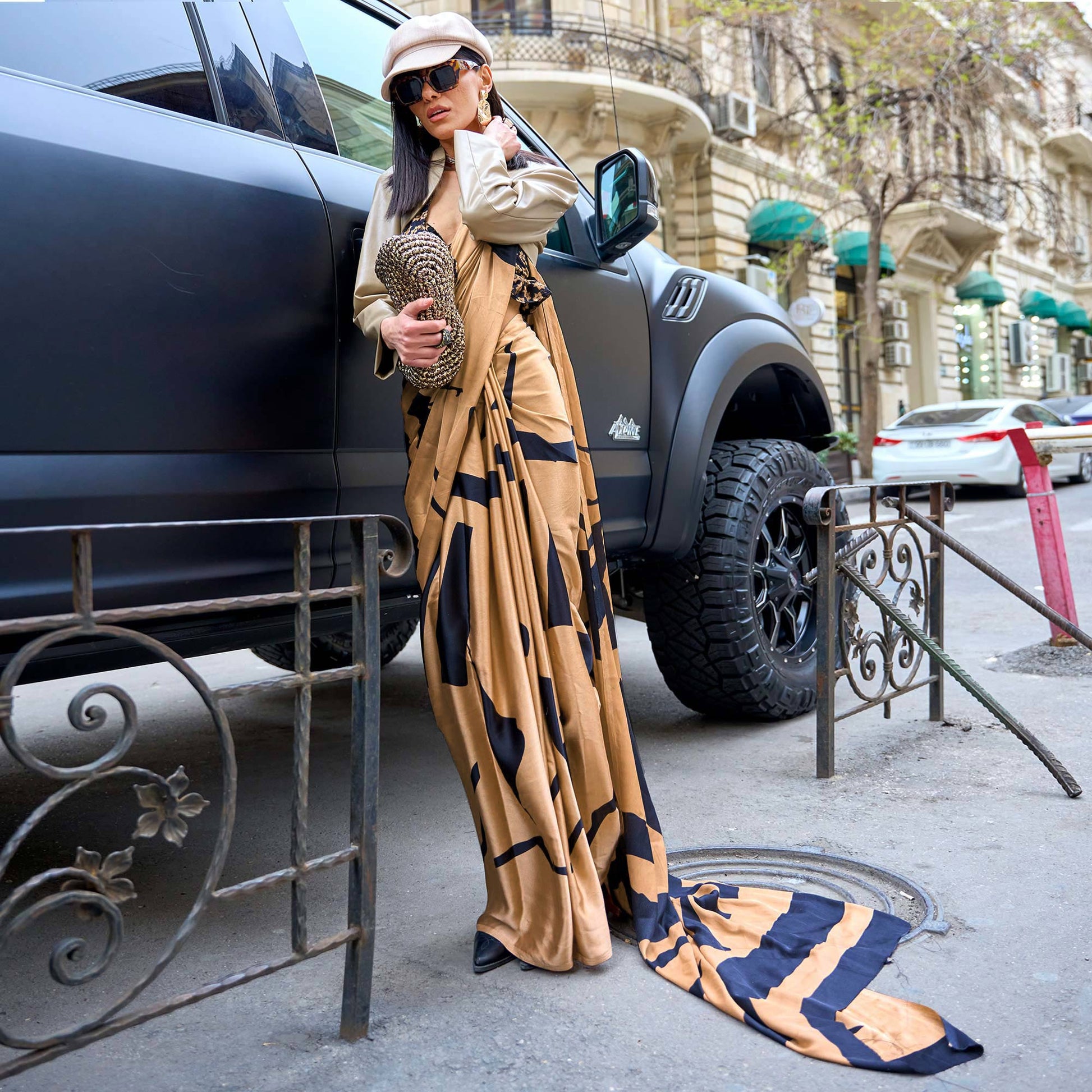 Chikoo Printed Satin Saree