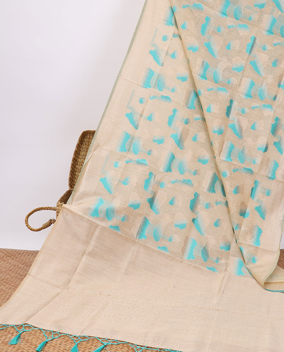Cream intricate design semi-raw tussar saree with self border & plain pallu