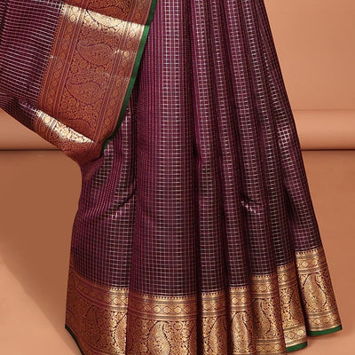 Brown zari checked silk saree, contrast border of kamalam,muthu & manga designs & ogee patterned pallu