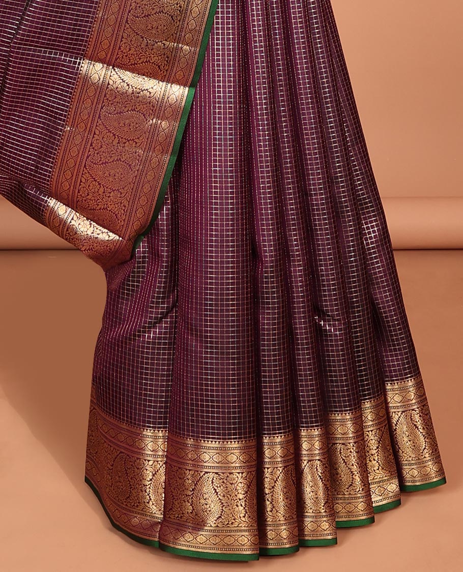 Brown zari checked silk saree, contrast border of kamalam,muthu & manga designs & ogee patterned pallu
