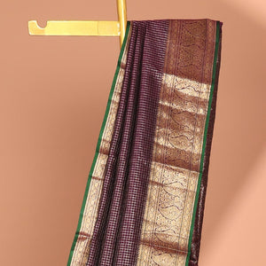 Brown zari checked silk saree, contrast border of kamalam,muthu & manga designs & ogee patterned pallu