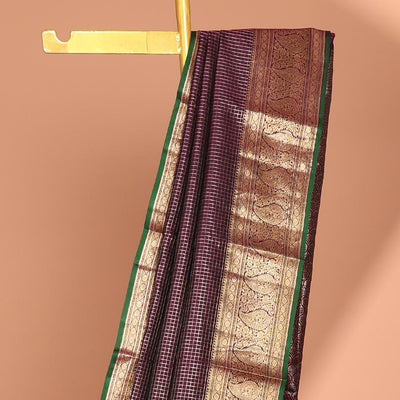Brown zari checked silk saree, contrast border of kamalam,muthu & manga designs & ogee patterned pallu