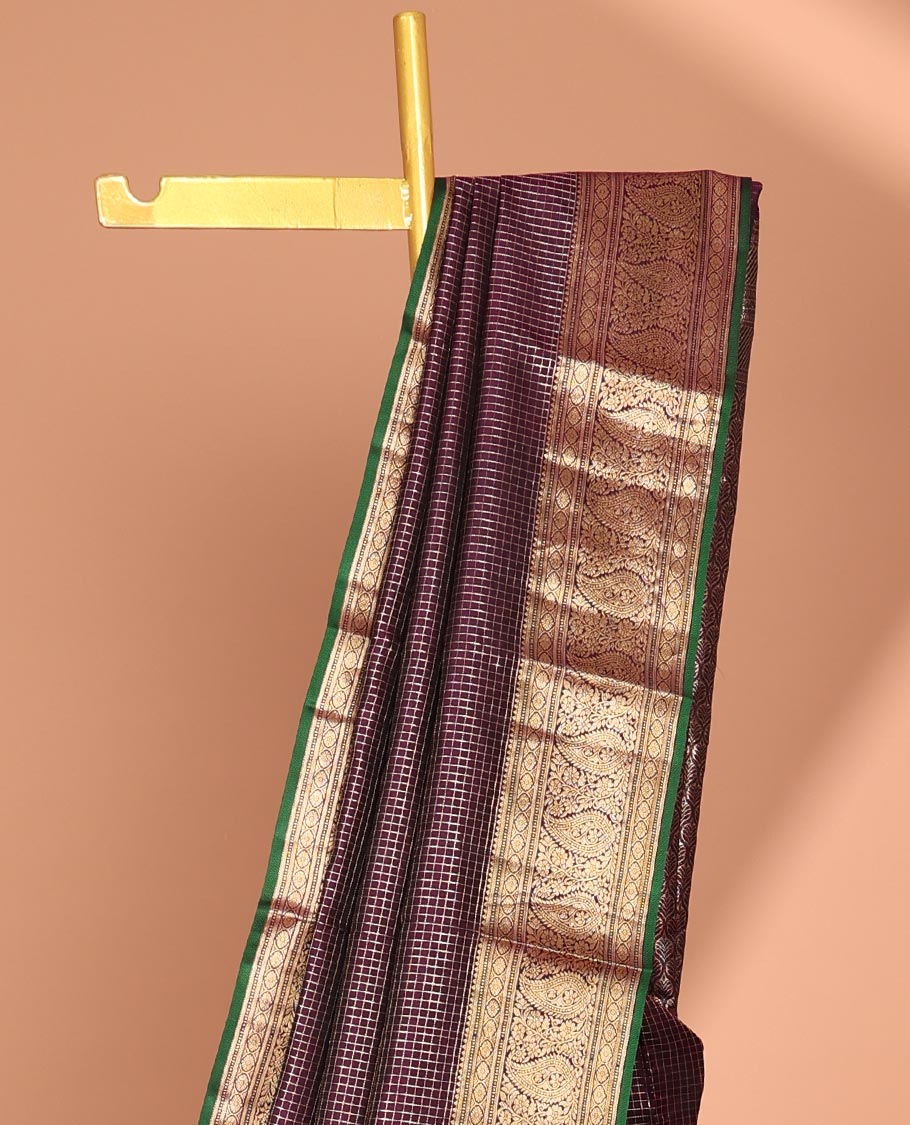 Brown zari checked silk saree, contrast border of kamalam,muthu & manga designs & ogee patterned pallu