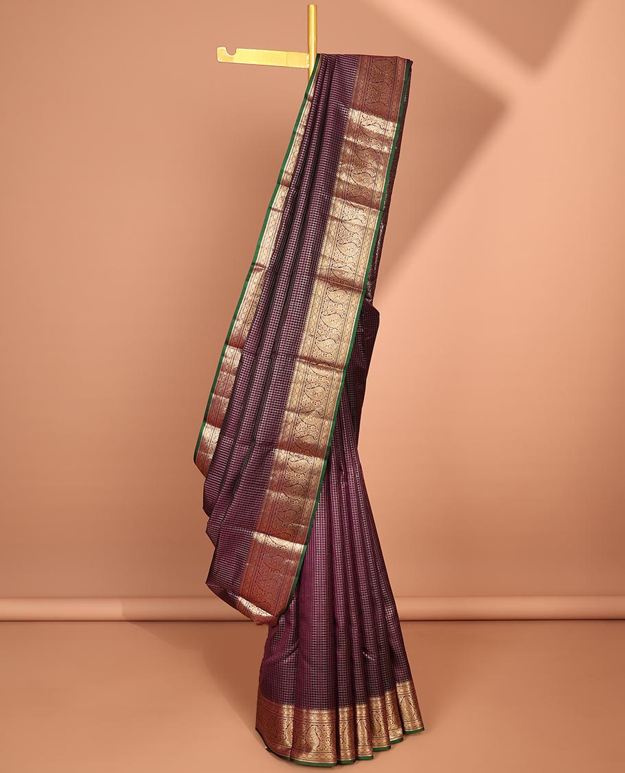 Brown zari checked silk saree, contrast border of kamalam,muthu & manga designs & ogee patterned pallu