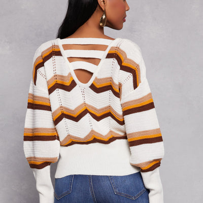Chevron Stripe Caged Back Sweater