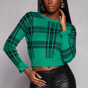 Plaid Ruffle Sleeve Sweater