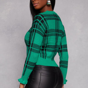 Plaid Ruffle Sleeve Sweater