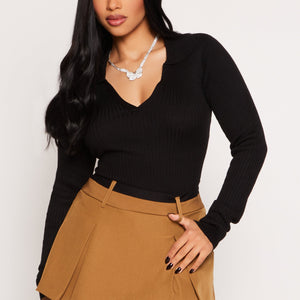 Ribbed Knit Johnny Collar Sweater