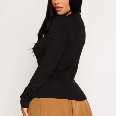 Ribbed Knit Johnny Collar Sweater