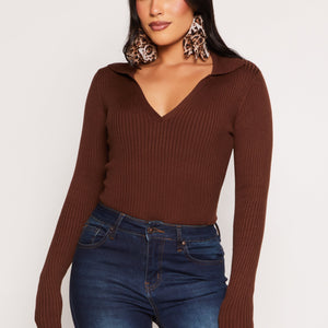 Ribbed Knit Johnny Collar Sweater
