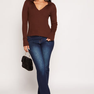 Ribbed Knit Johnny Collar Sweater