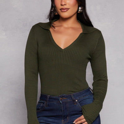 Ribbed Knit Johnny Collar Sweater