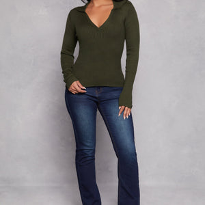 Ribbed Knit Johnny Collar Sweater